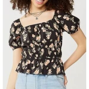 SO Black Cream Puff Sleeve Top with Smocked Ruffles